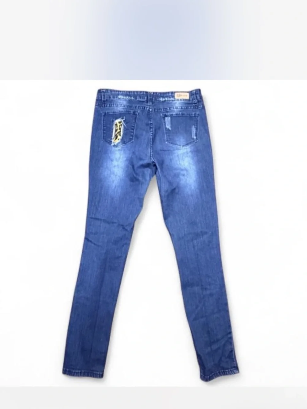 L&B Lucky & Blessed Leopard Patch Distressed Jeans Y2K WesternBoho Stretch Denim - Picture 2 of 4